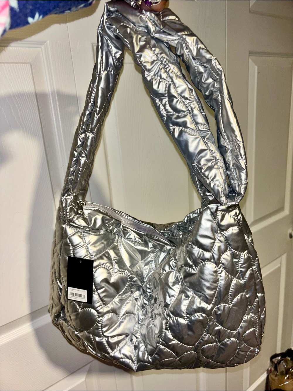 NWT Forever 21 Quilted Hearts Silver Metallic Crossbody Handbag Purse - Picture 3 of 9
